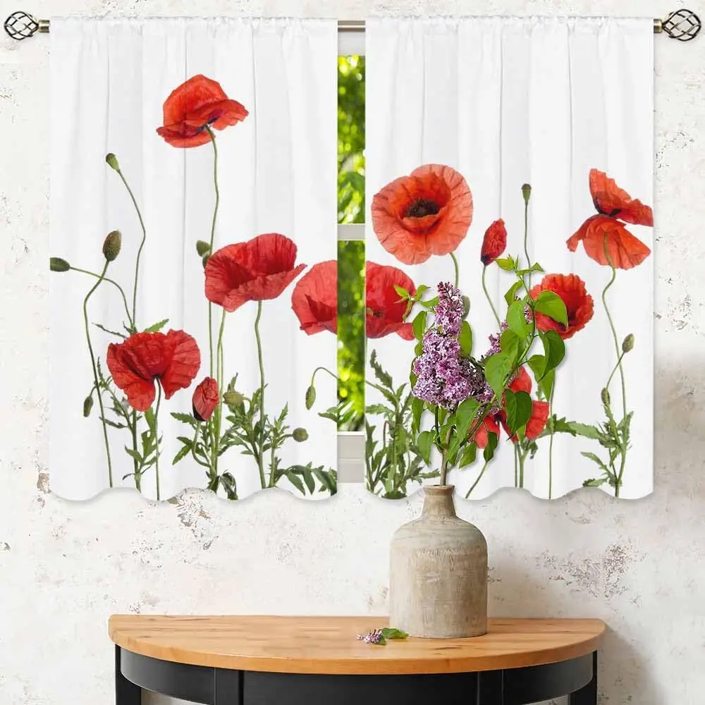 Red Poppies Kitchen Curtains Beautiful Bloom Flower Green Leaves Seed Field Short Tier Curtains for Bathroom Cafe Small Window