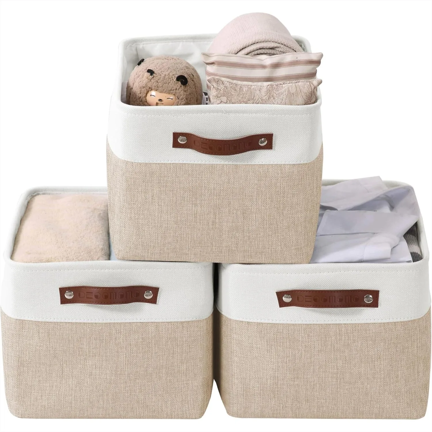 

Large Fabric Storage Baskets for Shelves, Decorative Linen Closet Organizer, 15 x 11 x 9.5 Inches, Beige & White, 3 Pack