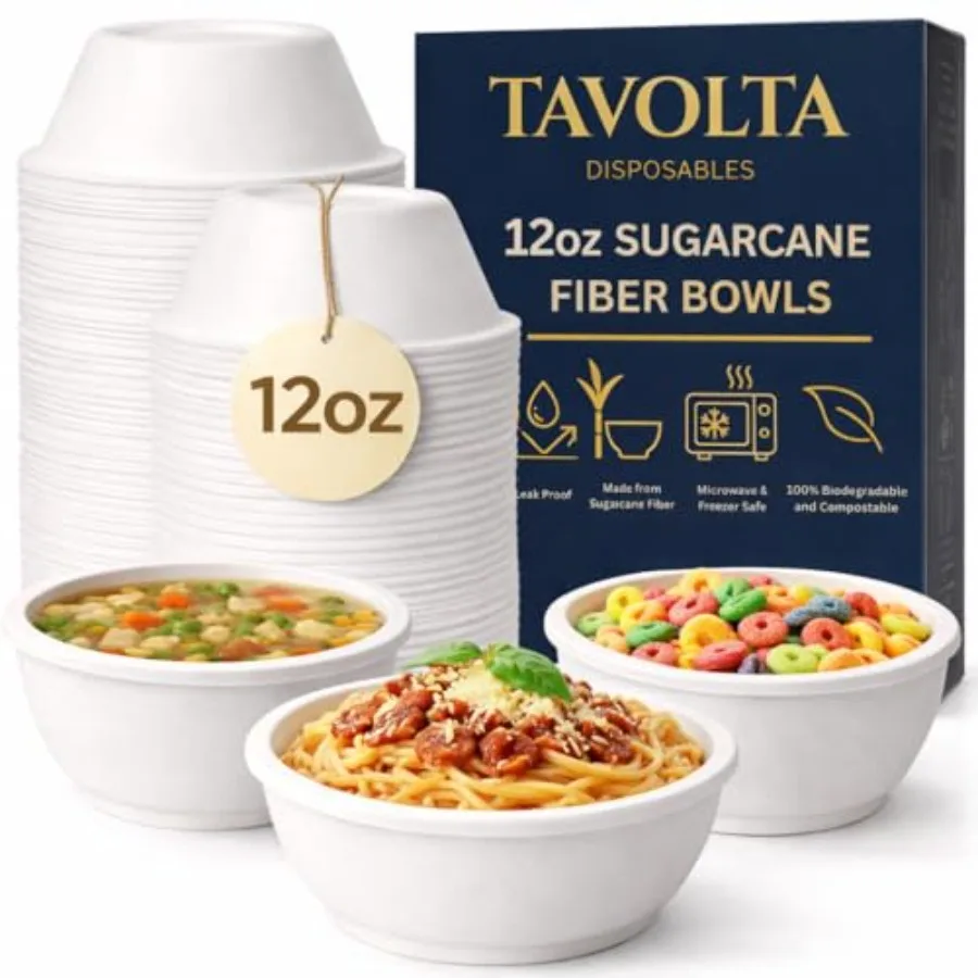 12oz Compostable Paper Bowls Heavy-Duty Disposable Bagasse Bowls, Biodegradable and Eco-Friendly, Microwave Safe, Heat Resistan