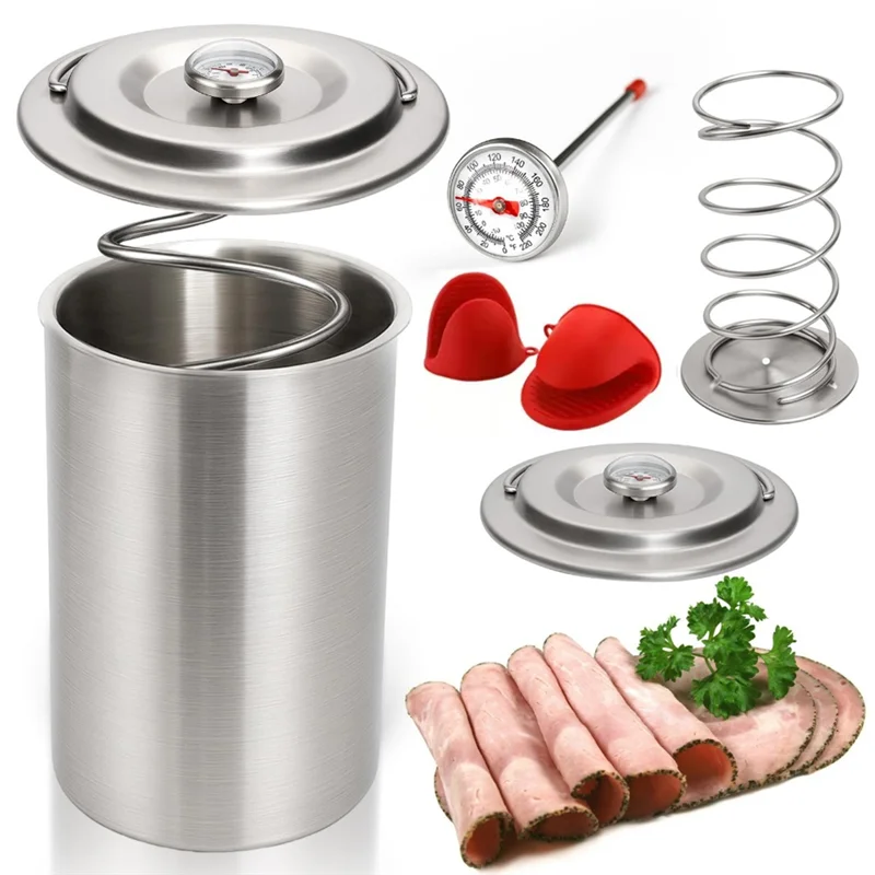 

A02M-Delimeat Press,Stainless Steel Ham Pressmold Molder With Thermometer& Silicone Kitchen Mittens