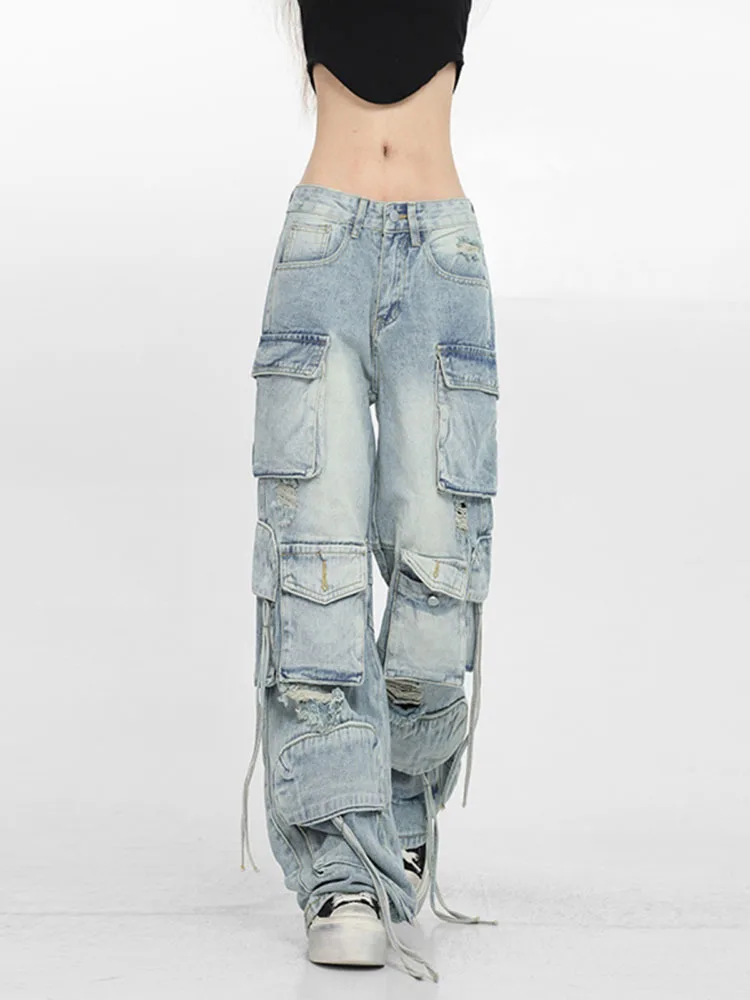 

Women Safari Style Ripped Out Drawstring Hem Elastic Waist Multi Pocke Denim Pants 2023 INS Fashion Cargo Jeans Trousers