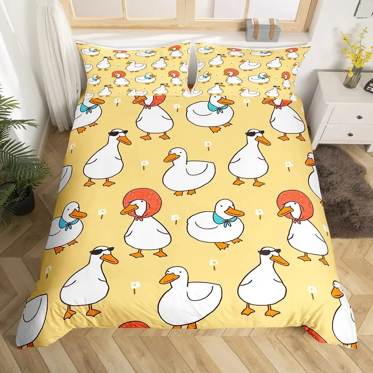 Cute Duck King Queen Duvet Cover Cartoon White Goose Bedding Set Funny Farmhouse Animal Comforter Cover Polyester Quilt Cover