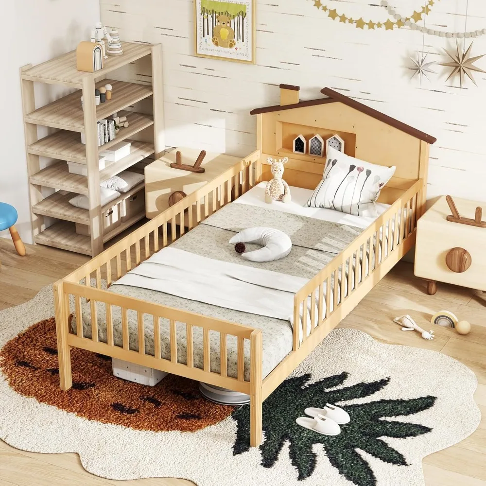

Twin Size Bed Frame with House Shaped Headboard, Solid Wood Platform Bed with Safety Guardrails, Storage Cube & Under-Be