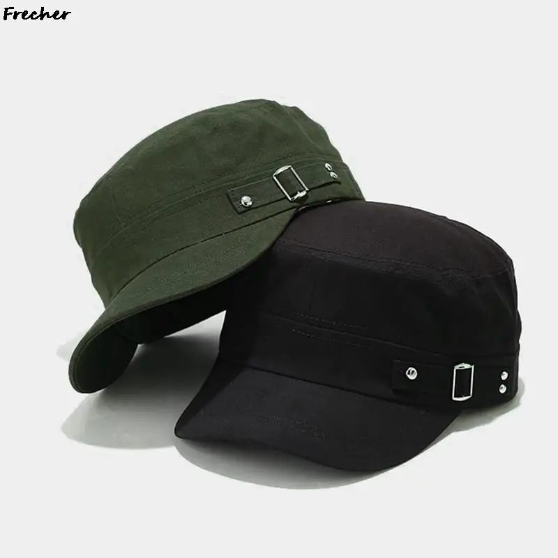 Vintage Cotton Cadet Hat Breathable Flat Top Sun Hats Men Women Metal Buckle Snapback Caps Outdoor Military Army Visors Cap New