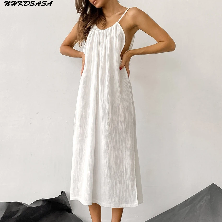 NHKDSASA Cotton Night Dress Women Sexy Spaghetti Strap Nightwear White Loose Long Woman Dresses Split 2022 Autumn Pajamas Solid