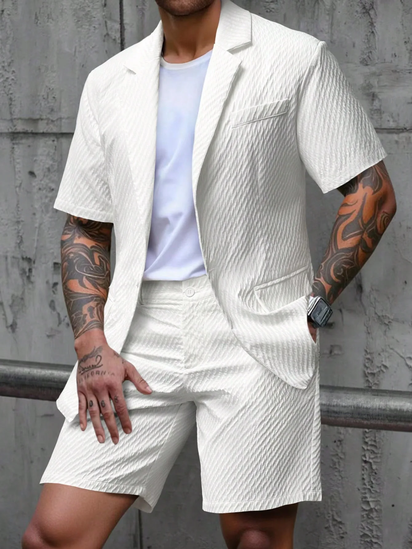 Herren Leichter Strukturierter Zweiteiler mit Reverskragen, Kurzarm-Einreiher-Blazer und Passenden Shorts für Sommerlichen Smart-Casual-Look – Detail 12