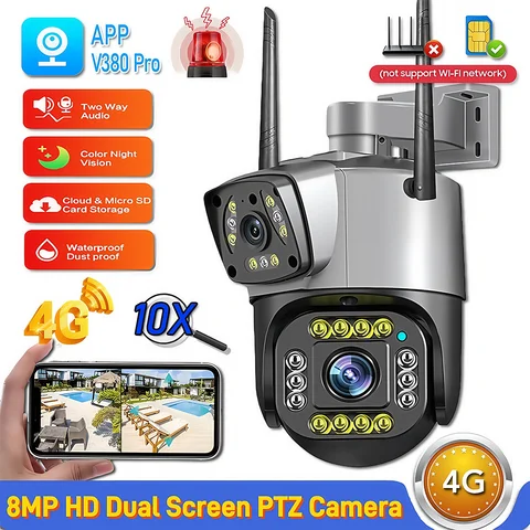 듀얼 렌즈 4G IP 카메라 8MP 4K 무선 야외 감시 AI 스마트 추적 야간 투시 카메라 10배 줌 PTZ V380 카메라 CCTV
