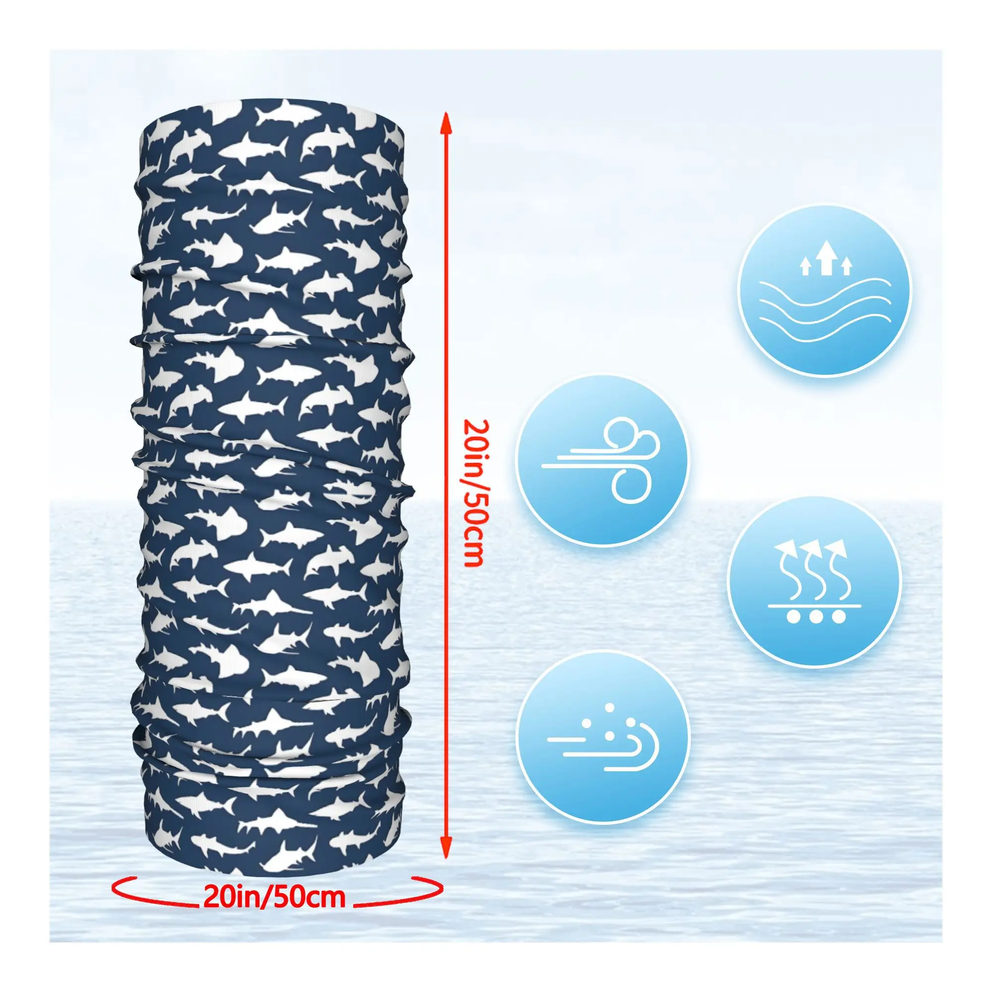 Customization Polyester Wicking Bandana Featuring Sharks, Suitable For Outdoor Activities Like Running, Cycling, And Hiking, Des
