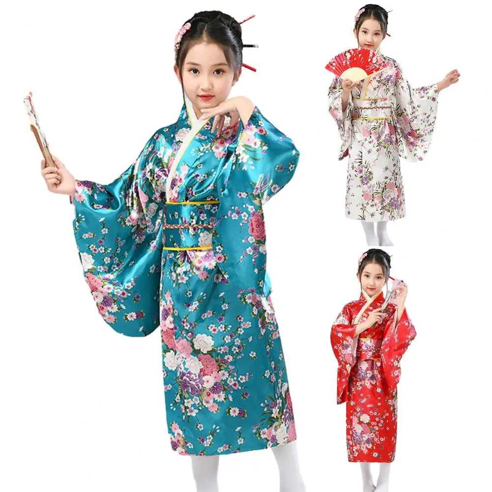 

1 Set Soft Japanese Kimono Vibrant Cherry Blossom Print Kimono Dress Easy to Wear Cosplay School Performances Kimono for Girls