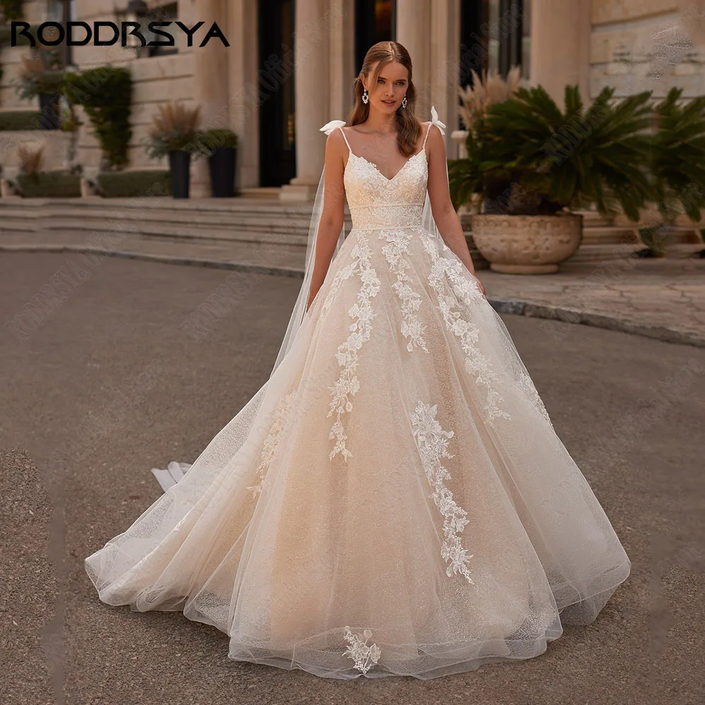 RODDRSYA gaun pernikahan model A-Line berkilau untuk wanita tali Spaghetti punggung terbuka Applique V-Neck gaun pengantin Tulle gaun pengantin Vestidos de novia