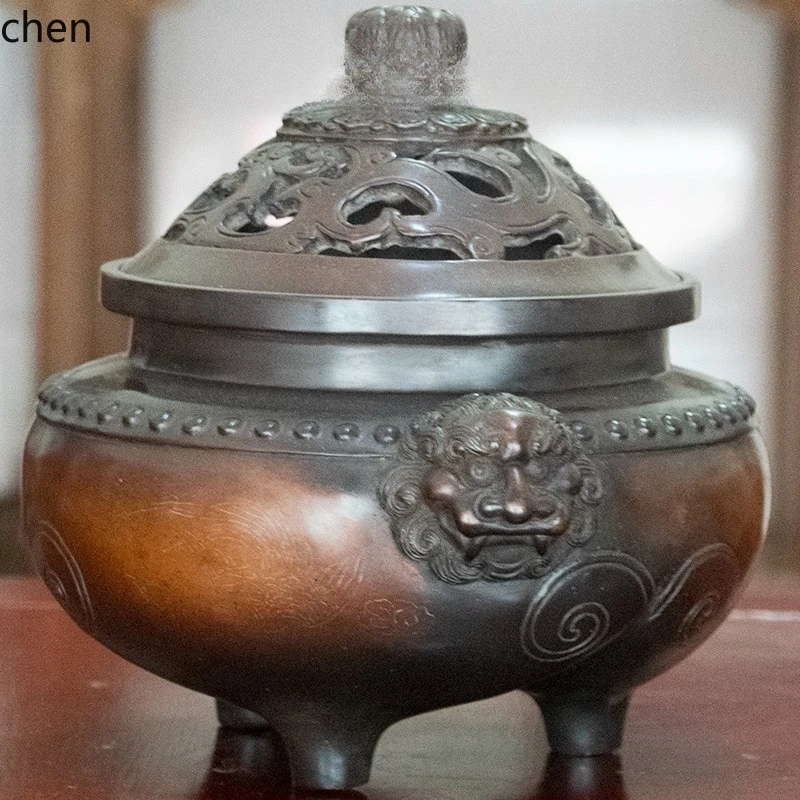 Cz1 pure copper incense burner copper antique gilt three-legged lion head aromatherapy burner for home indoor