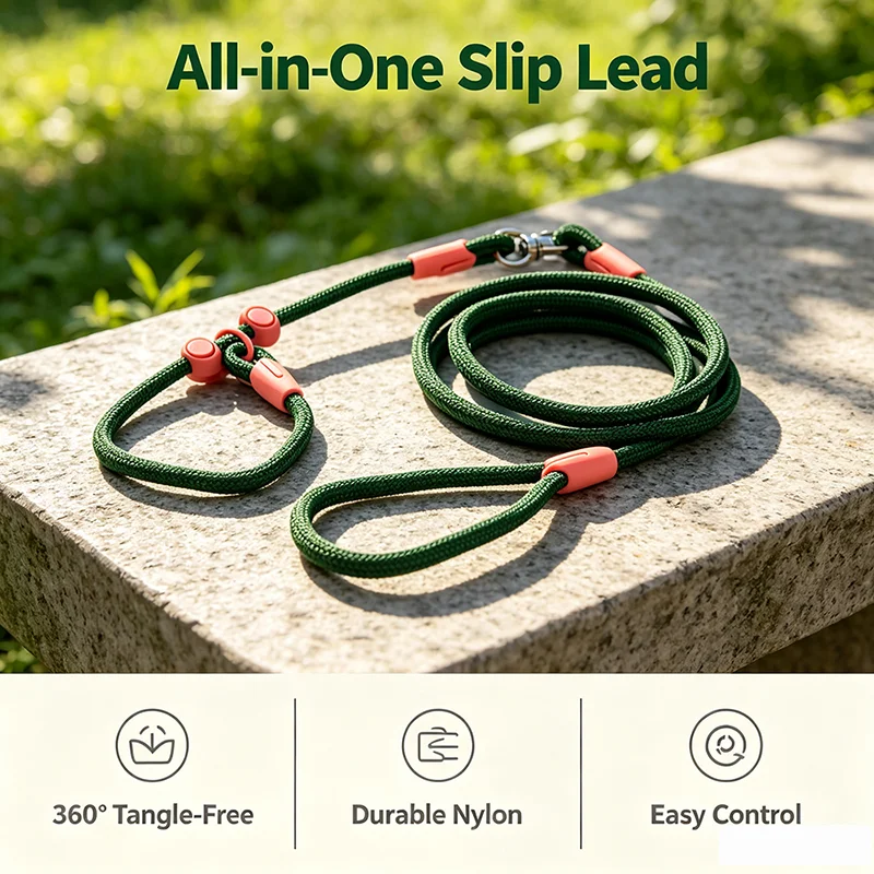 160Cm Anti-Tangle Nylon Dog Slip Lead With Adjustable P-Chain Lightweight Round Rope Leash For Small To Medium Dogs Walking