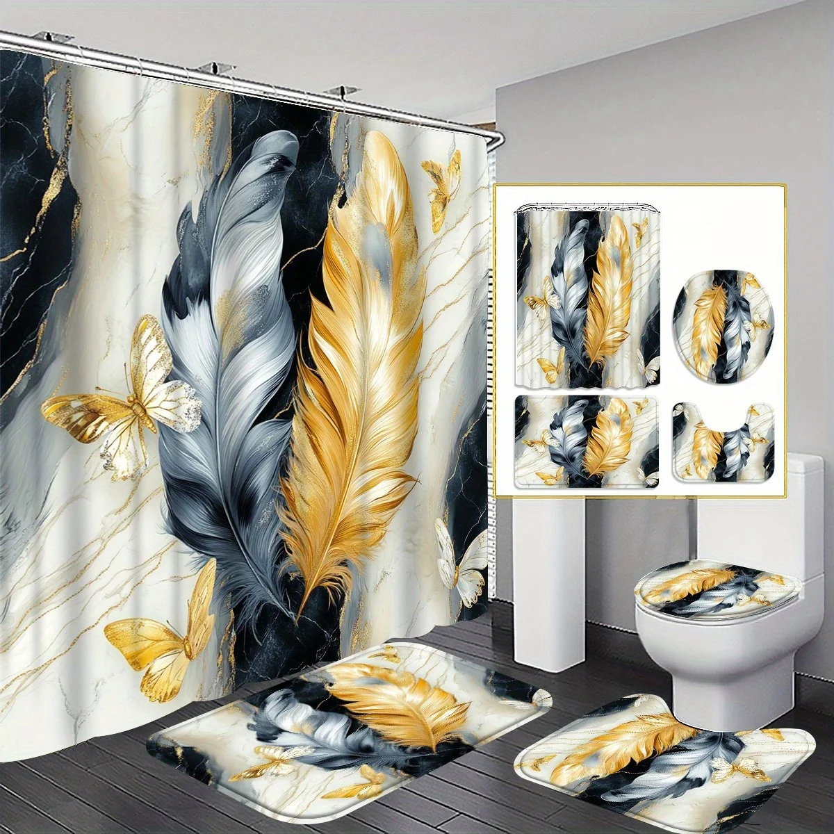 

4pc Black and white feather patterned bathroom set, including U-shaped mat, toilet seat cover, shower curtain, and non-slip mat.
