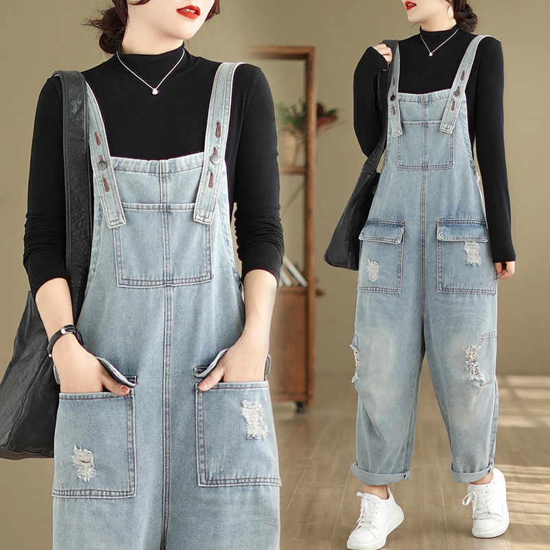 

Aricaca Casual Loose M-2XL Jeans Jumpsuits Women Light Blue Dungarees Straps Pants Denim Overalls