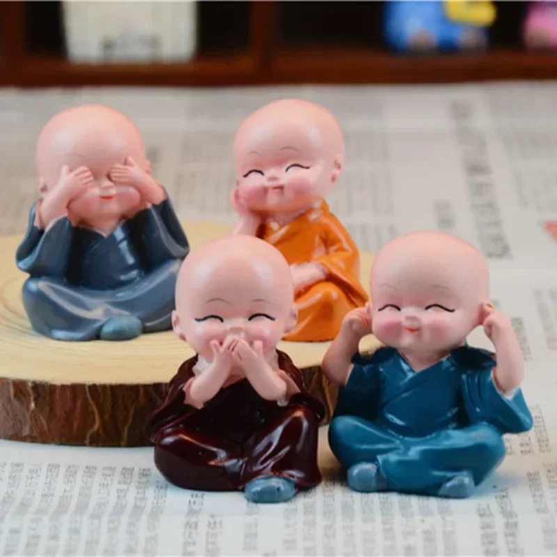 4pcs Resin Cute Ornaments Handicrafts Small Monk Sculptures Cute Monk Buddha Statues Creative Buddha Dolls Table Car Decorations