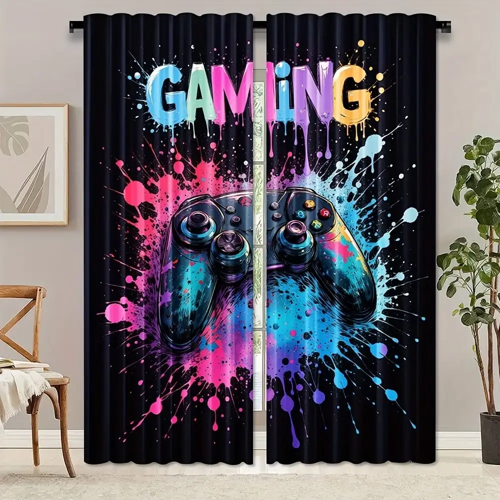 2PCS Watercolor Style Game Console Curtains, Splashed Ink Game Console Print Patterns, Pole Bag Design, Privacy Protection
