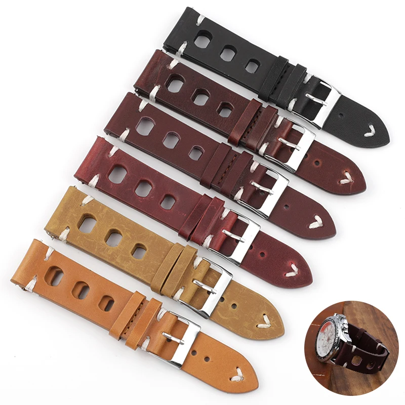 Genuine Leather Hand-stitching Three-hole Watchband Ventilated Strap for Rolex Watch for Men Watchbands Strap 18mm 20mm 22mm 24m