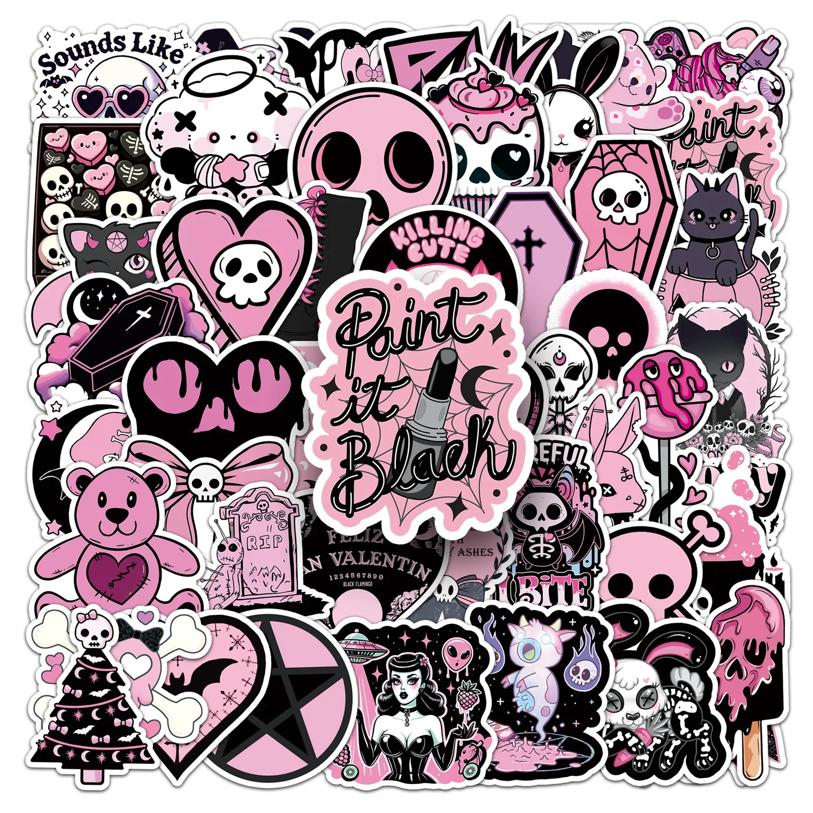 50 PCS Black Pink Gothic Style Skull Dark Trendy Cool Stickers Decorate Helmet Skateboard Car Bike Vinyl Stationery Decals