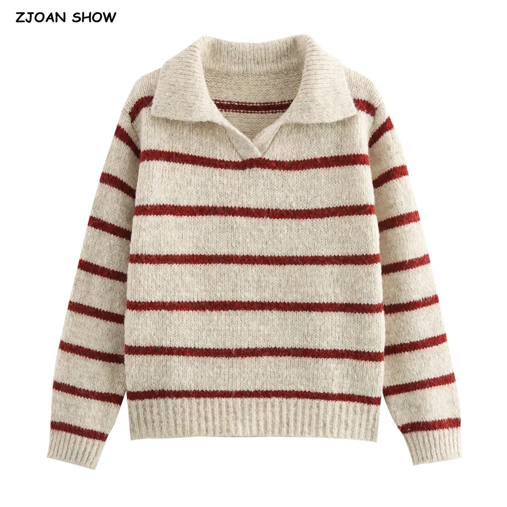 CHILL 2024 Winter Women POLO Lapel Collar Striped Knitted Sweater Pullovers Loose Full Sleeve Warm Female Retro Jumper Tops