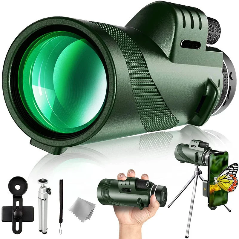 Professional 80x100 HD Monocular Telescope w/ Phone Adapter & Tripod, BAK4 Prism for Bird Watching, Hunting, Night Vision