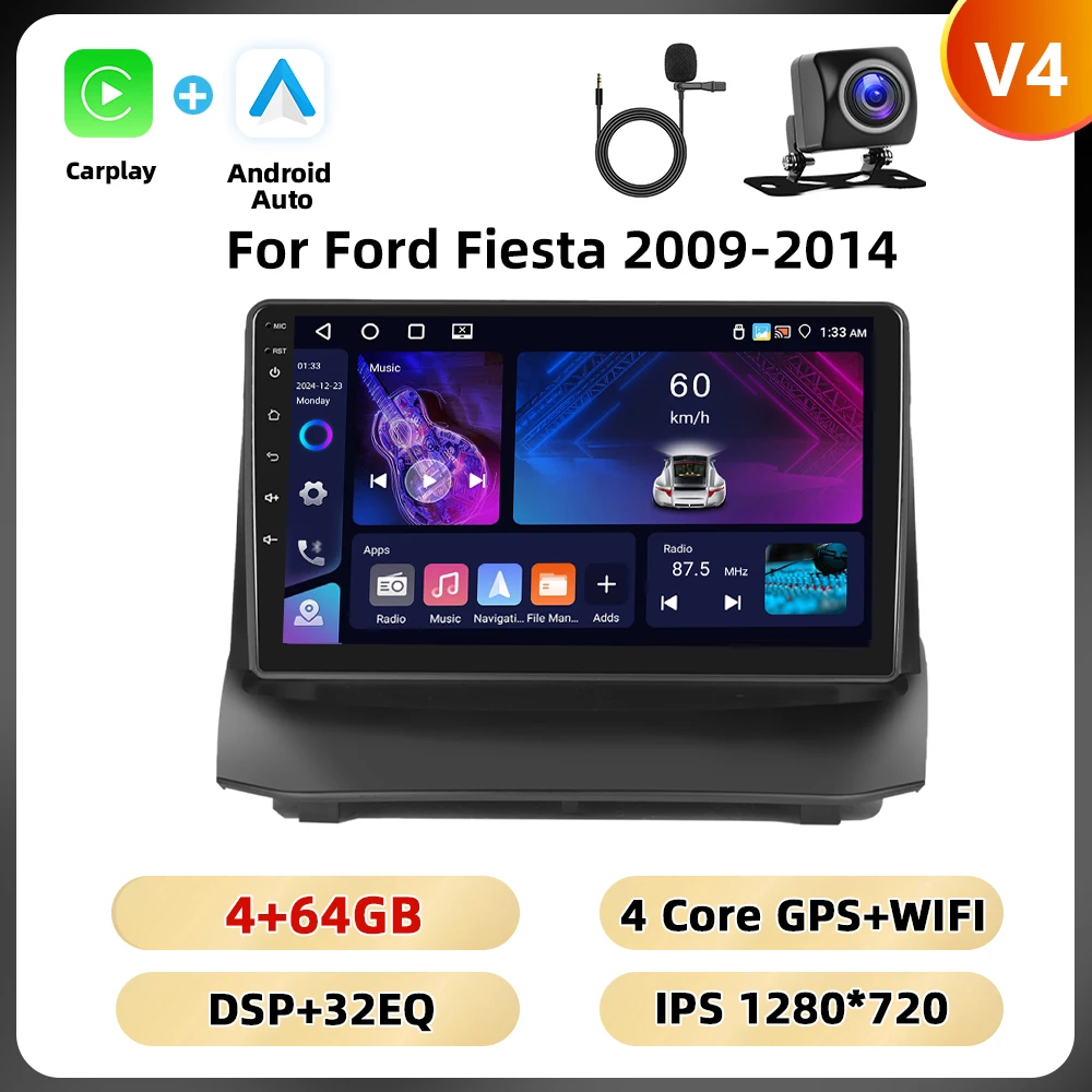 Podofo 2din 8Core Autoradio Voor Ford Fiesta 2009-2014 Multimediaspeler Gps Navigatie Wifi 4G Carplay Android Autoradio