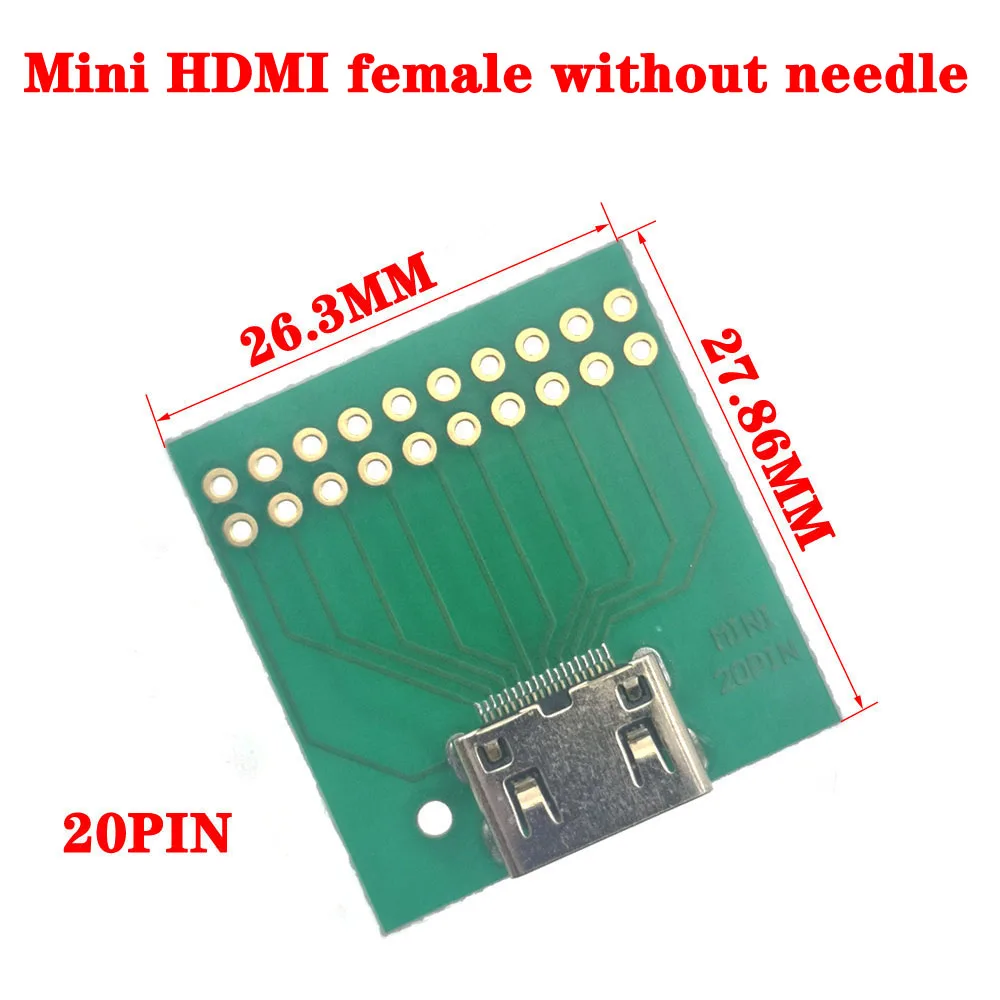 Tomada fêmea Test Board Adapter, Mini-HDMI, 20Pin, Tipo-C com conexão de espaçamento PCB, Interface adaptador, acessório DIY, 1PC