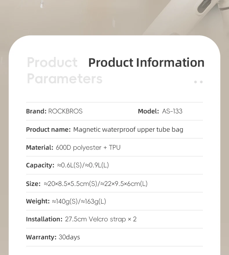ROCKBROS Fahrradtasche 0,6 l oder 0,9 l magnetische wasserdichte Rennradtasche Frontträger Schlauchtasche Reitfahrradtasche Zubehör – Detail 2