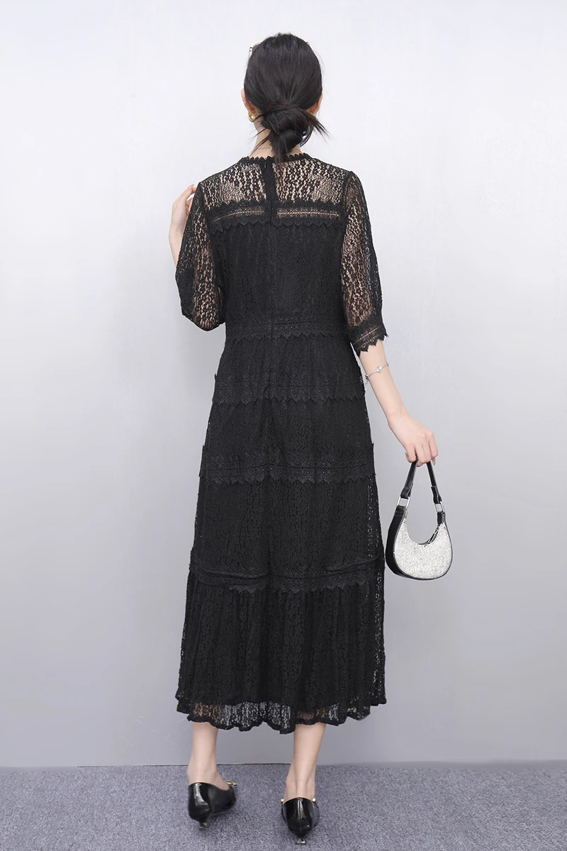 2025 ربيع وصيف جديد أنيق تفريغ الدانتيل فساتين طويلة فضفاضة النساء موضة فستان قصير الأكمام السيدات بالجملة J944