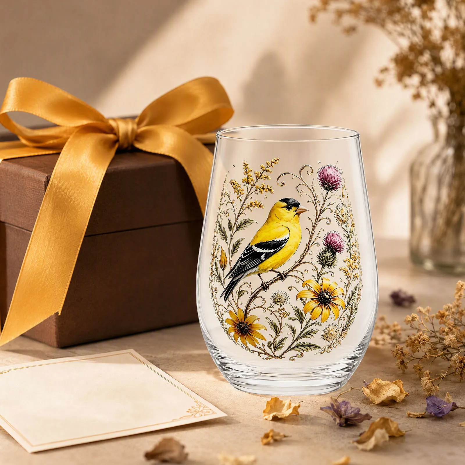 Lead-Free Glass Tumbler Bird Floral Print Gold Outline Rhinestone Embossed Vintage Decorative Cup