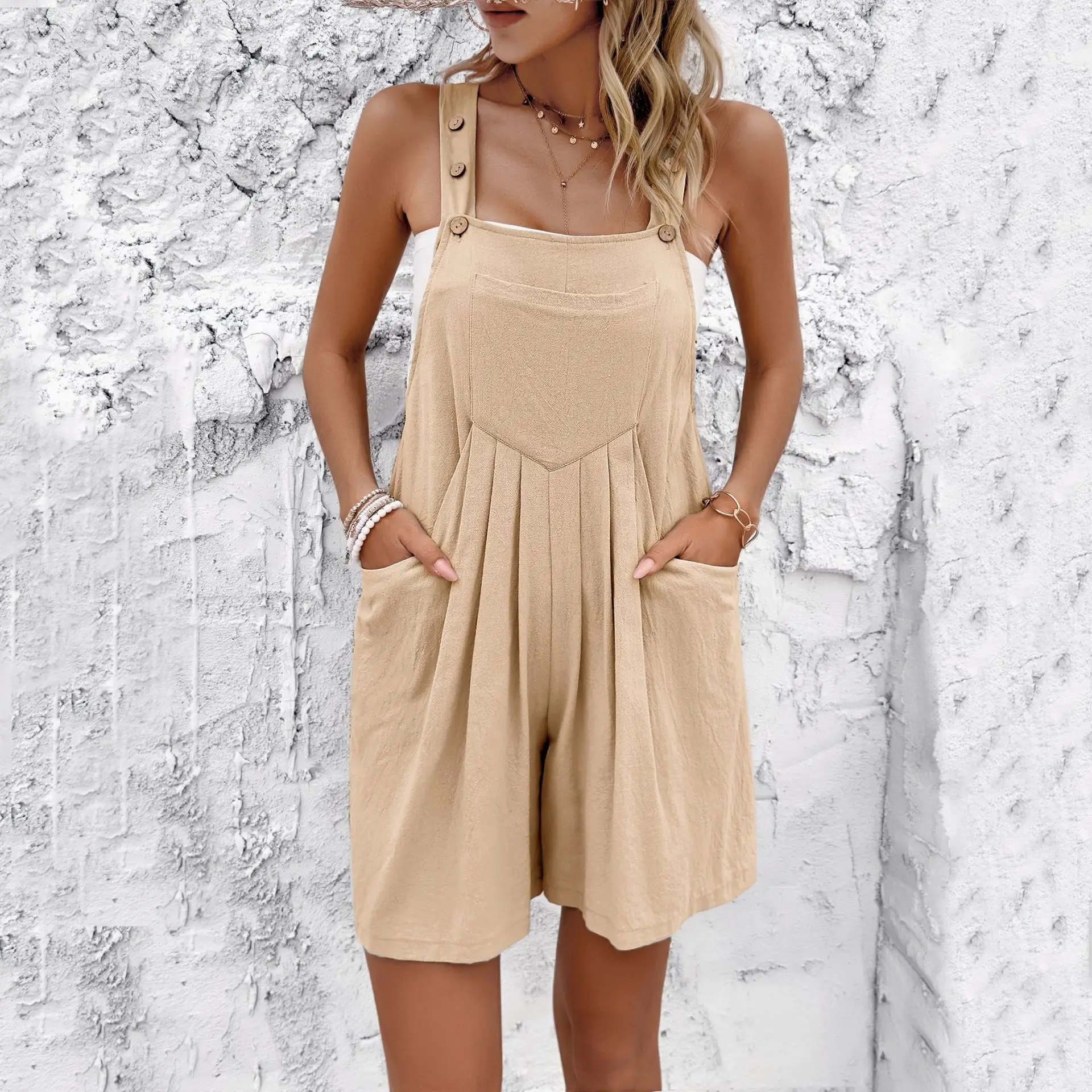 Cotton Ladies Shorts Bib Pant Suspender Trousers Loose Casual Female Women Solid One-Piece Rompers Overalls Jumpsuits Streetwear