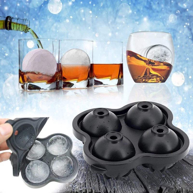 4 Grids Round Ice Cube Trays Silicone Ice Cube Molds for Freezer with Lid Kitchen Bar Reusable Whiskey Ice Mold Ball Ice Moulds