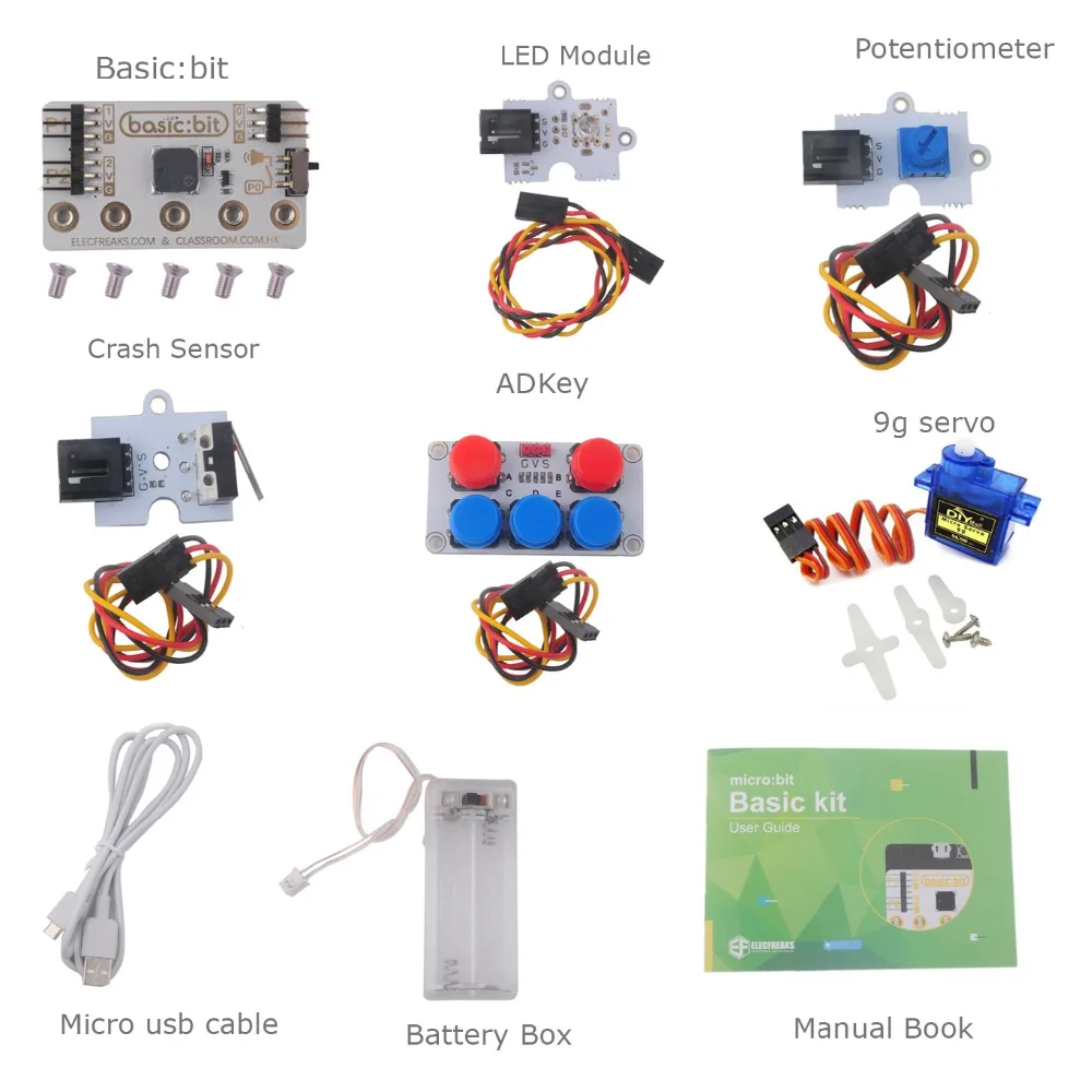 マイクロビットベーシックキット用、ledモジュールクラッシュセンサーポテンショメータサーボスターターキット (micro: bit boardなし) 、diyビギナーズプログラム