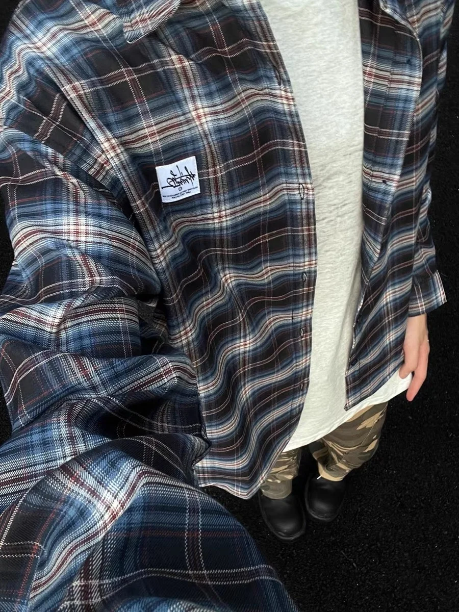 

Американская ретро-рубашка в клетку свободного кроя для мужчин и женщин, повседневная верхняя одежда в стиле Lazy Sle Design, рубашка для пар с длинным рукавом и отложным воротником