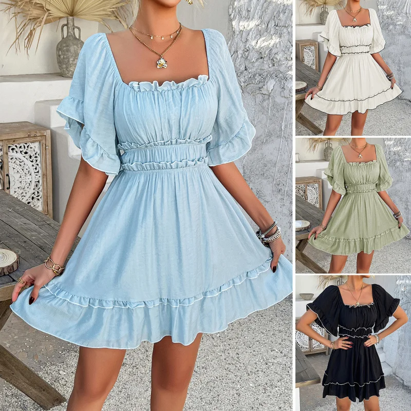 

Leisure Vacation Style Solid Color Fungus Edge Short Sleeved Dress Short Skirt
