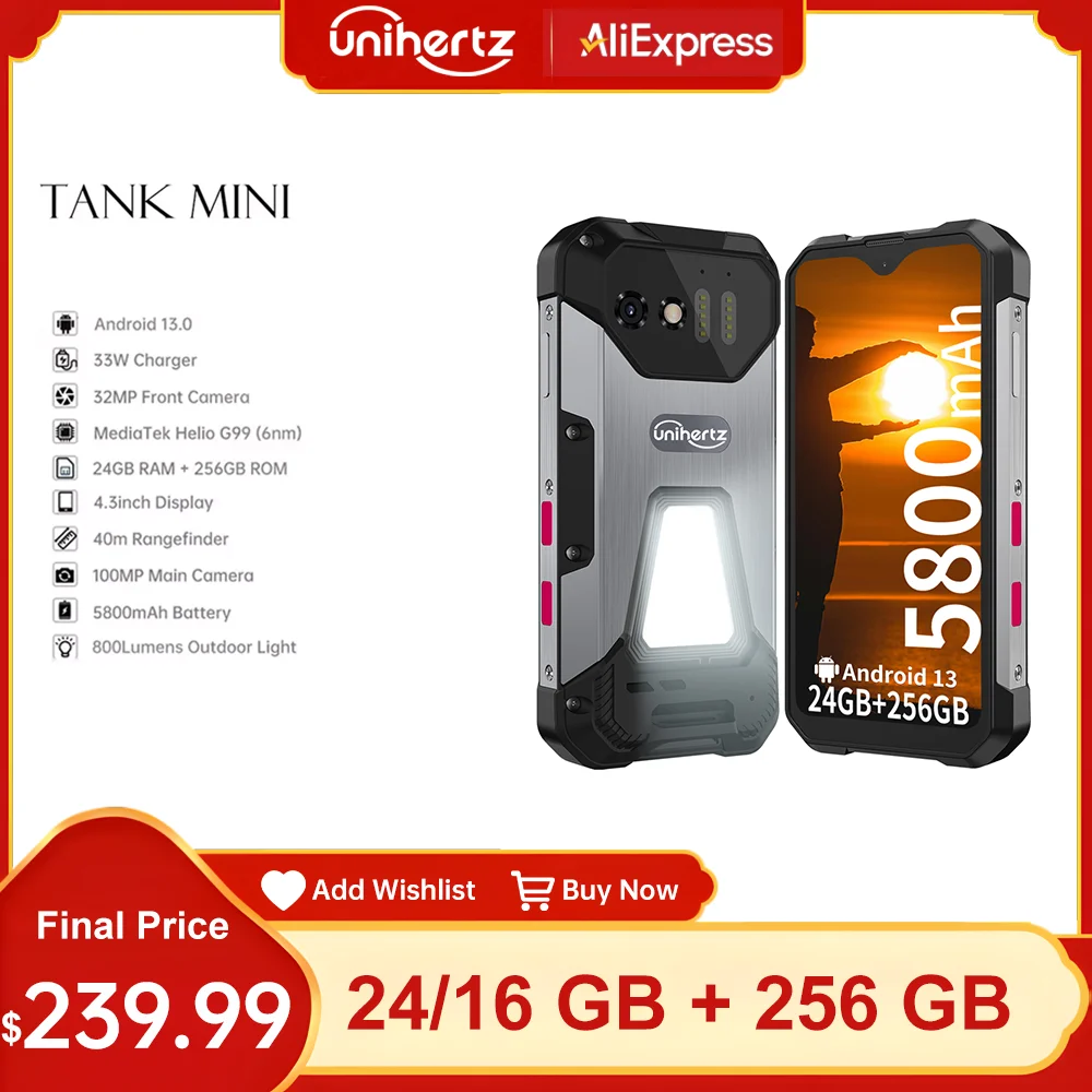 Unihertz 8849 Tank Mini Прочный смартфон Маленький 4G Открытый 16/24 ГБ ОЗУ 256 ГБ ПЗУ 5800 мАч Android 13 Телефон Dual Sim Камера 100 МП