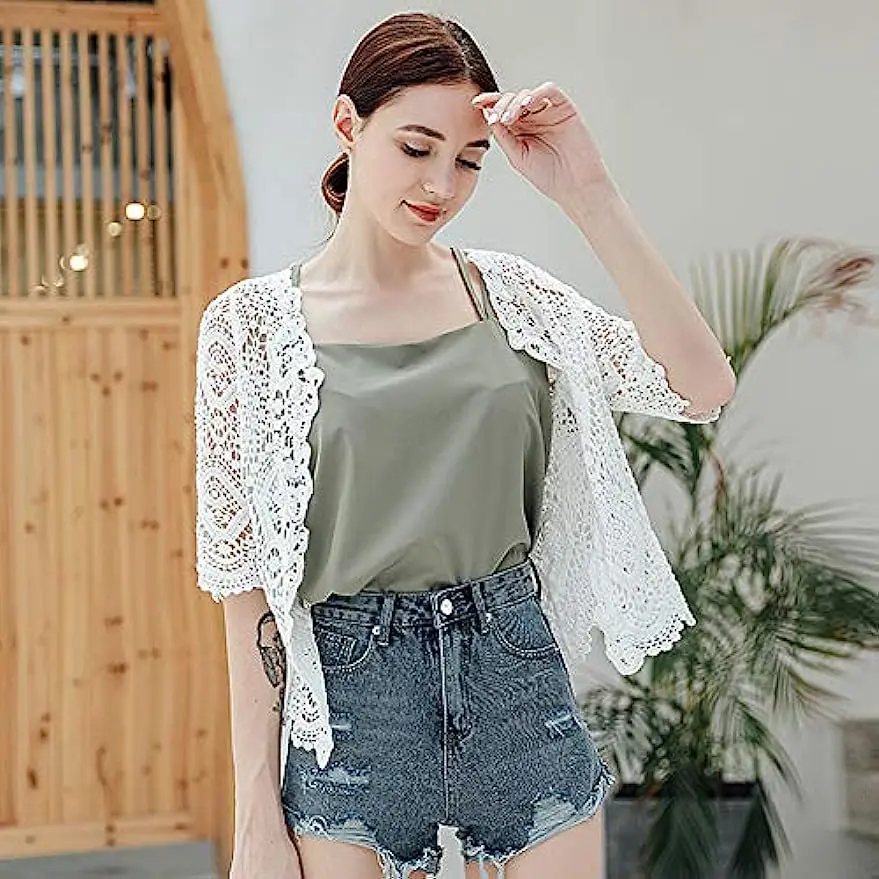 Women's Lace Cardigan Floral Crochet Sheer Beach Cover Ups Long Kimono with Half Sleeves