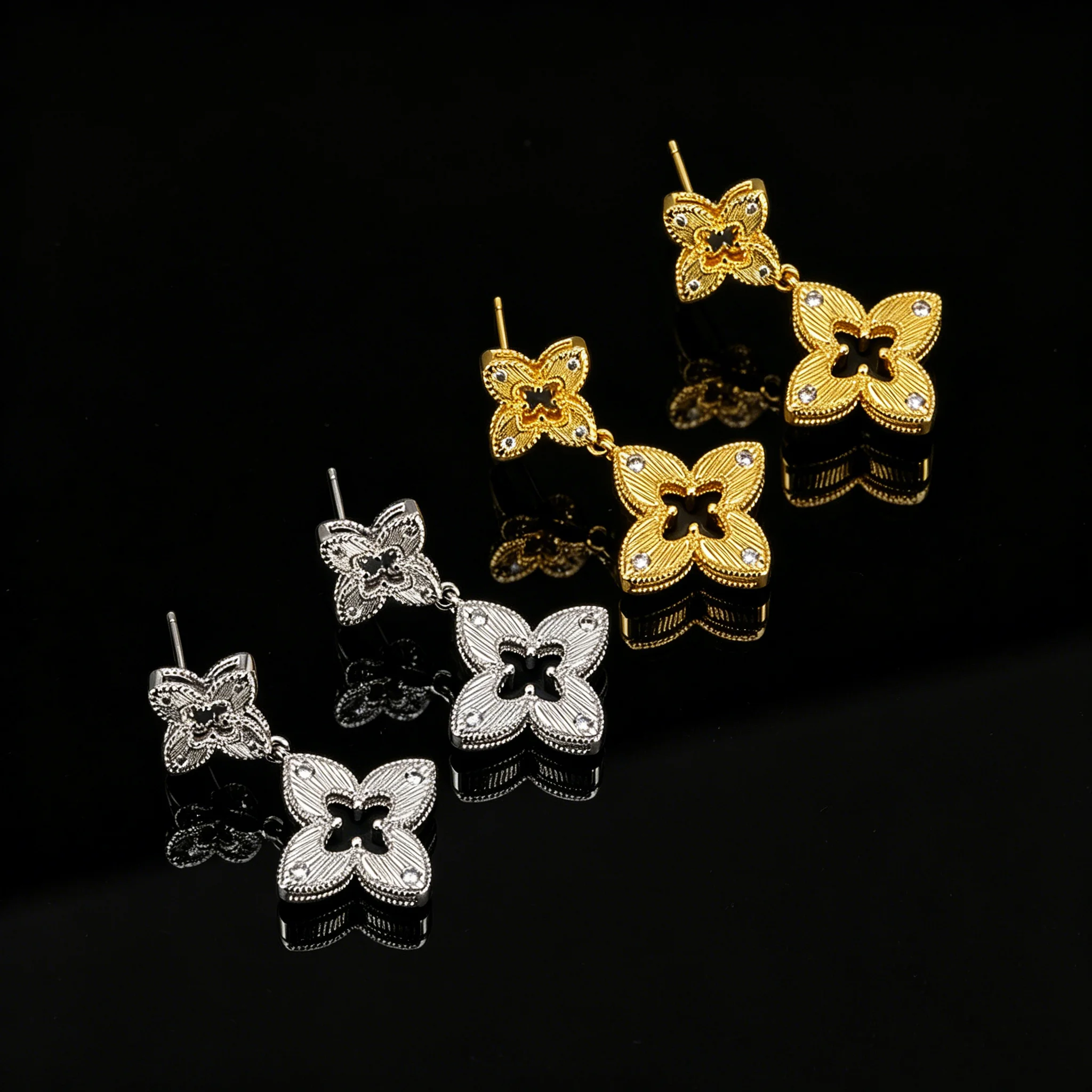 Retro-Mode Damen S925 Silber Ohrschmuck Gebürstete Hohle Kleeblatt-Rhombus-Form Hängende Ohrringe – Detail 4