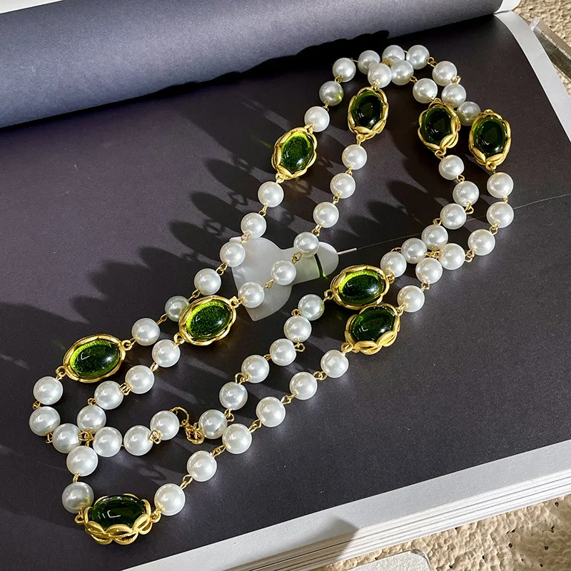 French fashion retro grandmother green crystal pearl pendant beaded necklace light luxury high-end sense sweater chain women