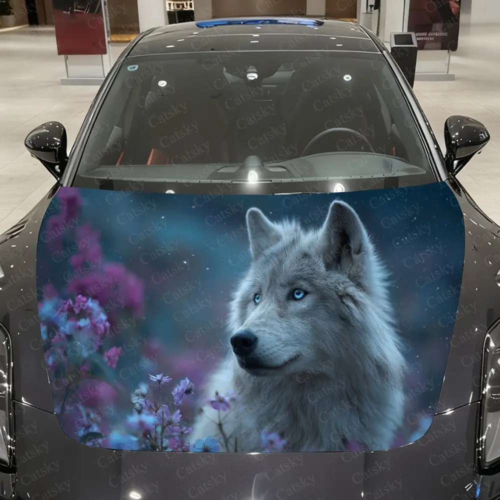 Wolf in Purple Cherry Blossom Car Vinyl Wrap, PVC Waterproof Car Hood Sticker, Self-Adhesive Scratch-Resistant Stickers