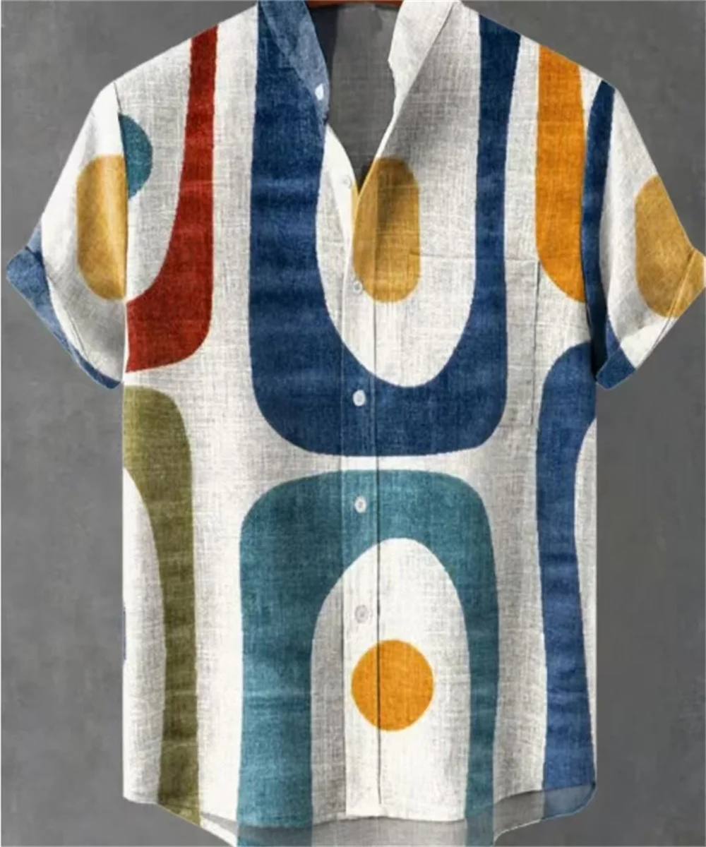Men's new casual 3D printed square graphic vintage art linen short-sleeve stand-collar shirt comfortable button top