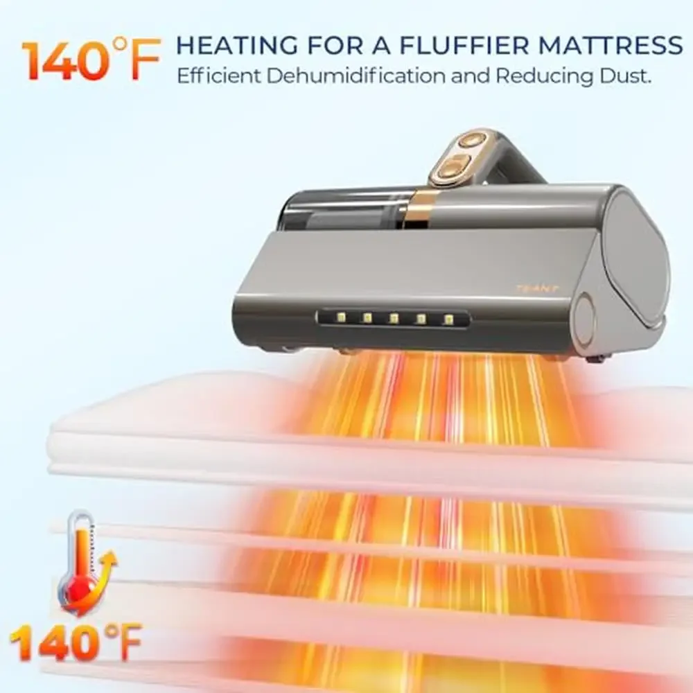 Mattress Vacuum Cleaner UV-C Light HEPA Filter 140℉ Heating 500W 15Kpa Strong Suction Lightweight Portable Washable Filter