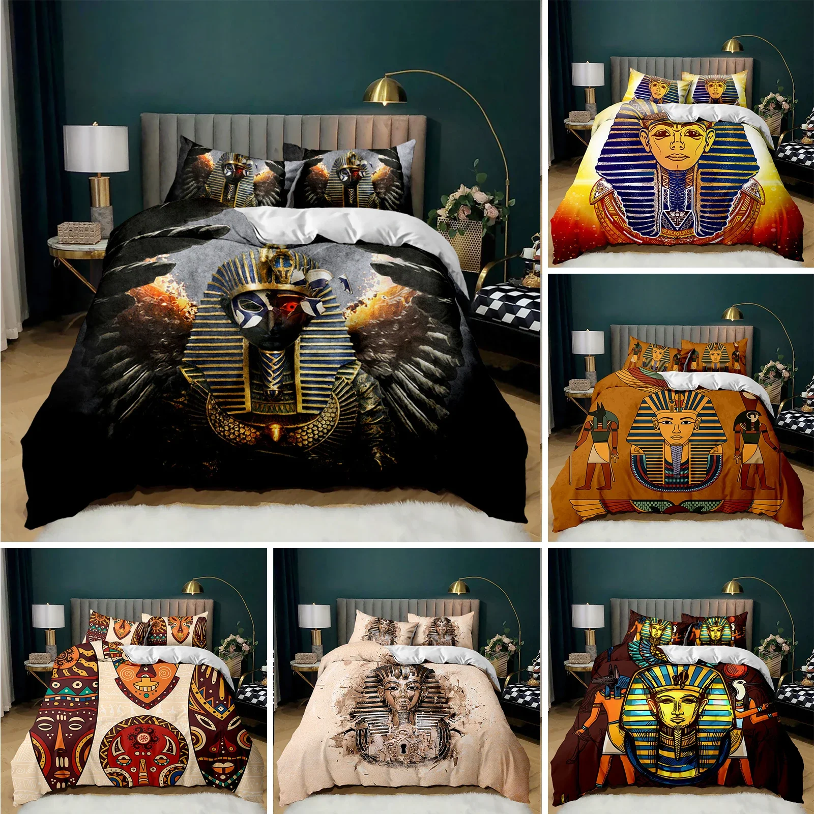 

Pharaoh Bedding Sets,King Size 3D Ancient Egypt Tribe Decor Comforter Cover Set for Adult Egyptian Pyramid Polyester Duvet Cover