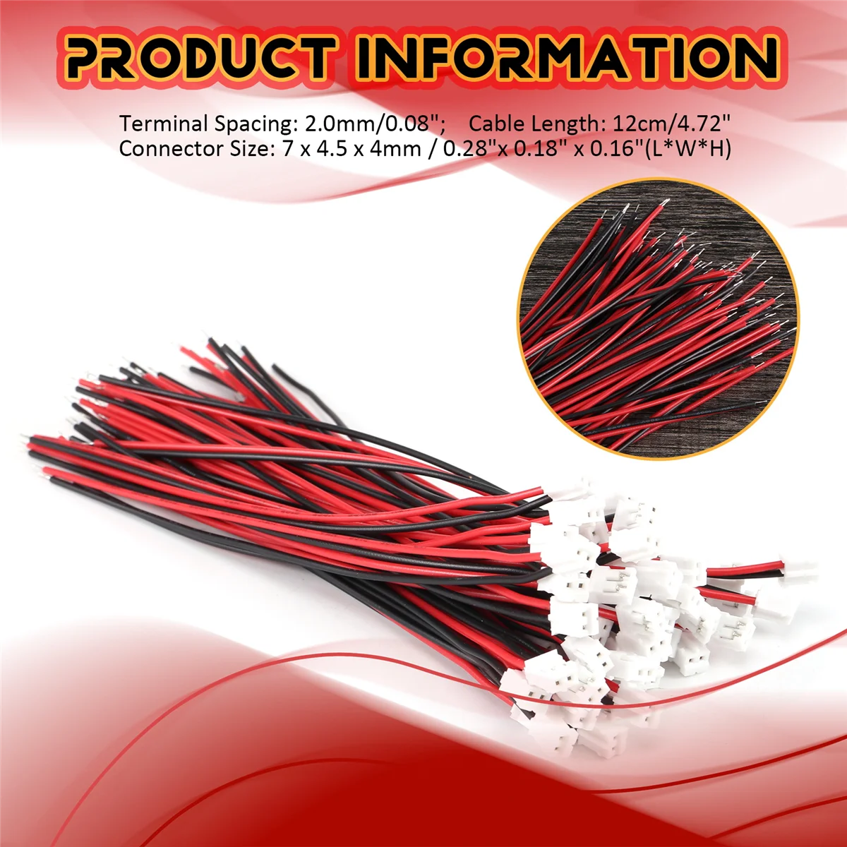 50Pcs Mini JST 2.0 2P Male Connector Wires Cables