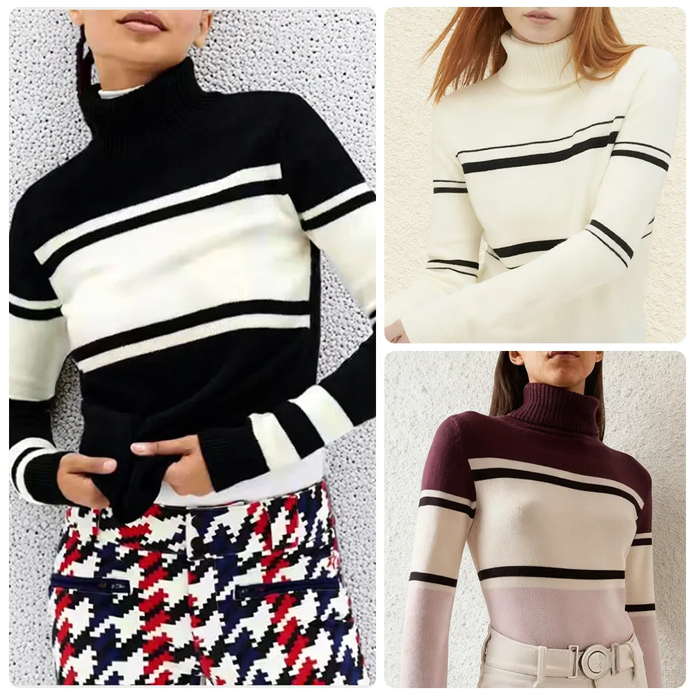 Women Chic Contrast High Collar Sweater Casual Full Sleeve Turtleneck Slim Fit Knitted Pullover 2026 Lady Spring Loose Knitwears