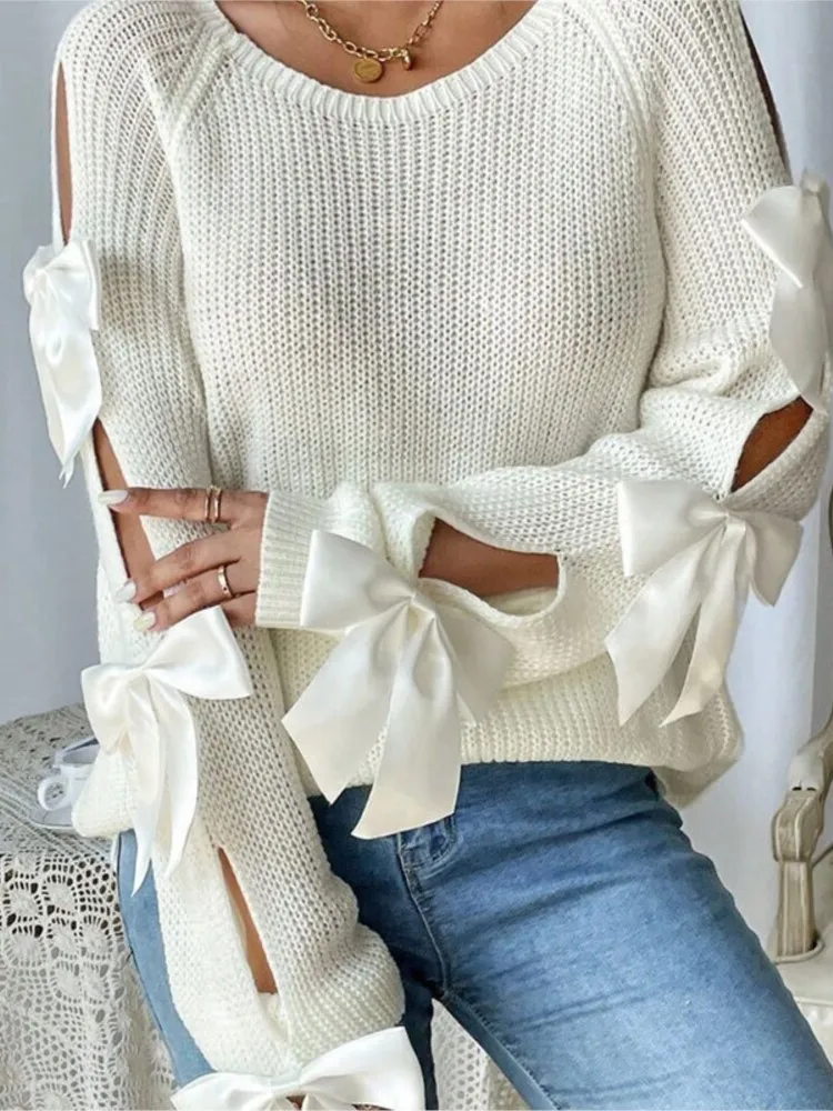 

Модный осенний новый свободный вязаный пуловер с круглым вырезом и бантом, длинными рукавами, женский темпераментный универсальный свитер для поездок на работу