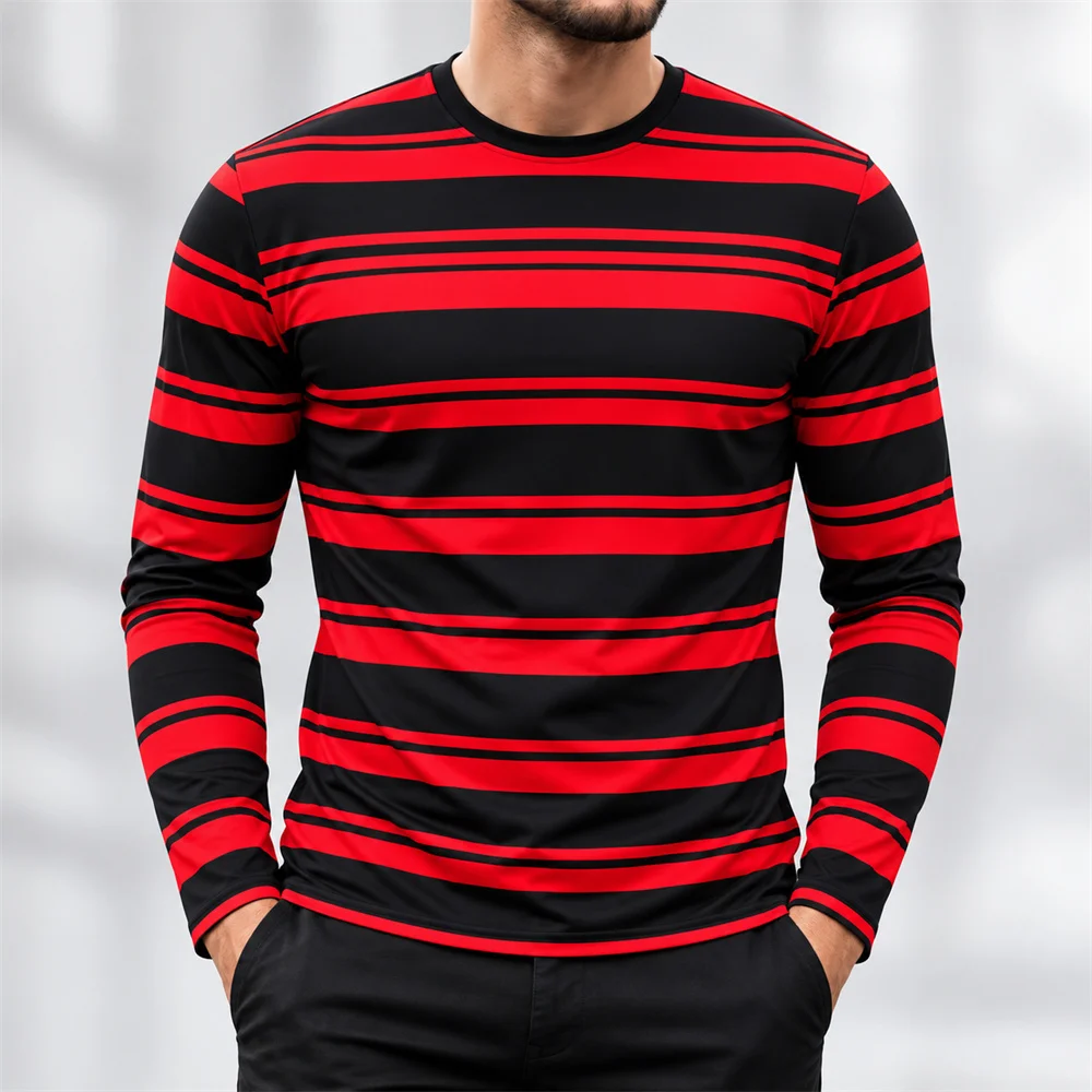 Classic Striped Long Sleeve T Shirt for Men Horizontal Stripe Print Crew Neck Casual Top Simple Everyday Style Autumn Clothing