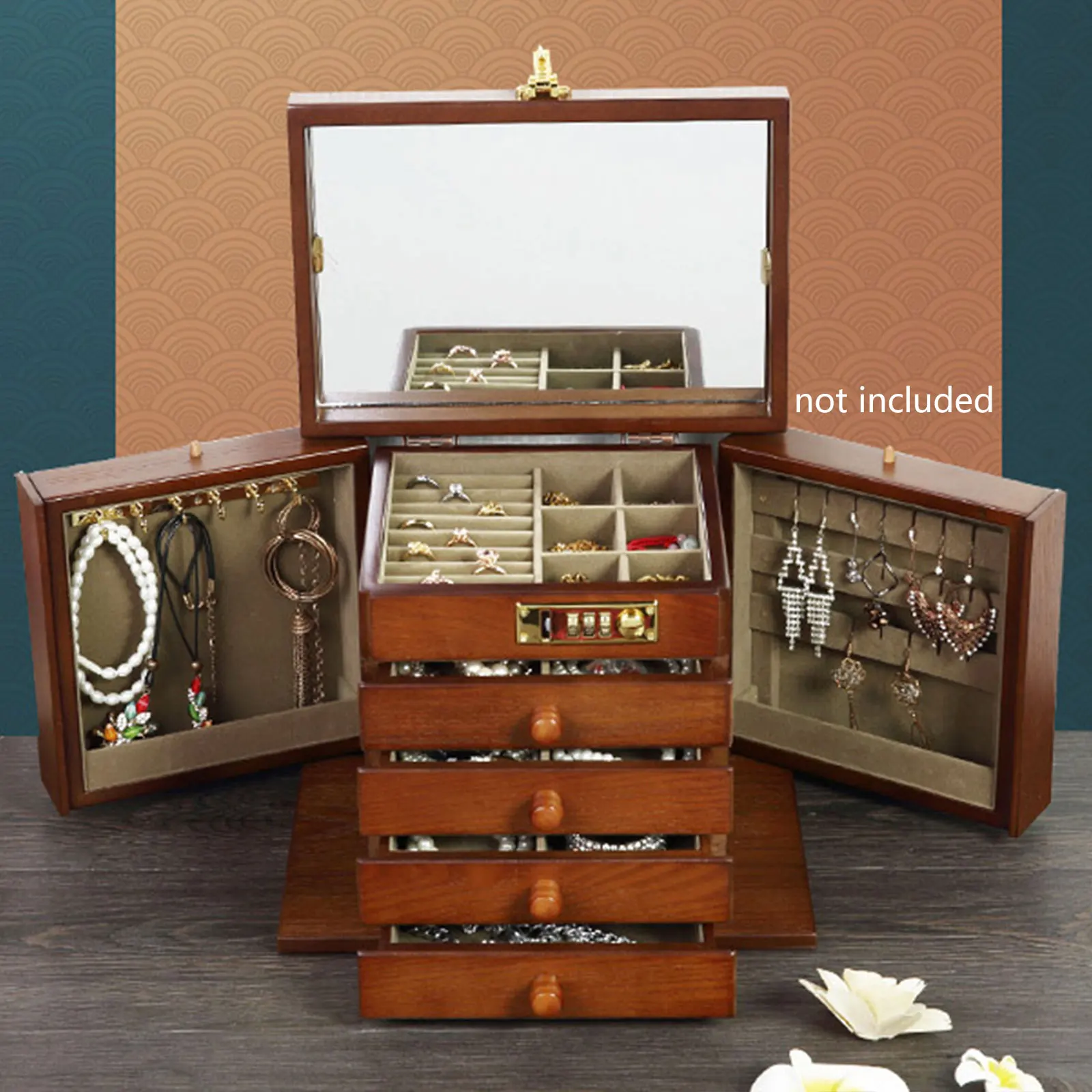 LOYALHEARTDY 5 Layers Wooden Jewelry Box Organizer with Combination Lock and Mirror Large Jewelry Storage Box for Ring Necklace