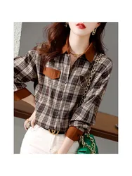 Autumn 2022 new autumn checkered patchwork contrasting loose classic plaid long sleeved versatile shirt women tops