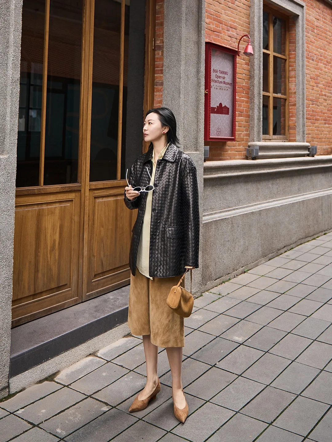 

TOFOD Handwoven Lamb Leather Jaet Loose H-Sle Long Sve Warmth Commute Sle High Gloss Straight Hem Tailored Coat