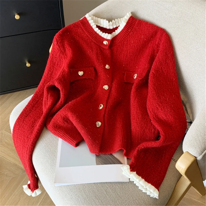 Seoulish Autumn Winter Single Breasted Women\'s Cardigan 2024 New Long Sleeve O-neck Red Knitted Warm Sweater Female